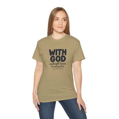 Inspirational Faith Tee - With God, Midnight Turns to Miracles, Christian T-Shirt, Gift for Church Events, Positive Vibes, Spiritual Apparel