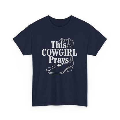 This Cowgirl Prays Unisex Heavy Cotton Tee, Western T-Shirt, Gift for Cowgirls, Rodeo Apparel, Faith-Based Fashion, Country Style Top