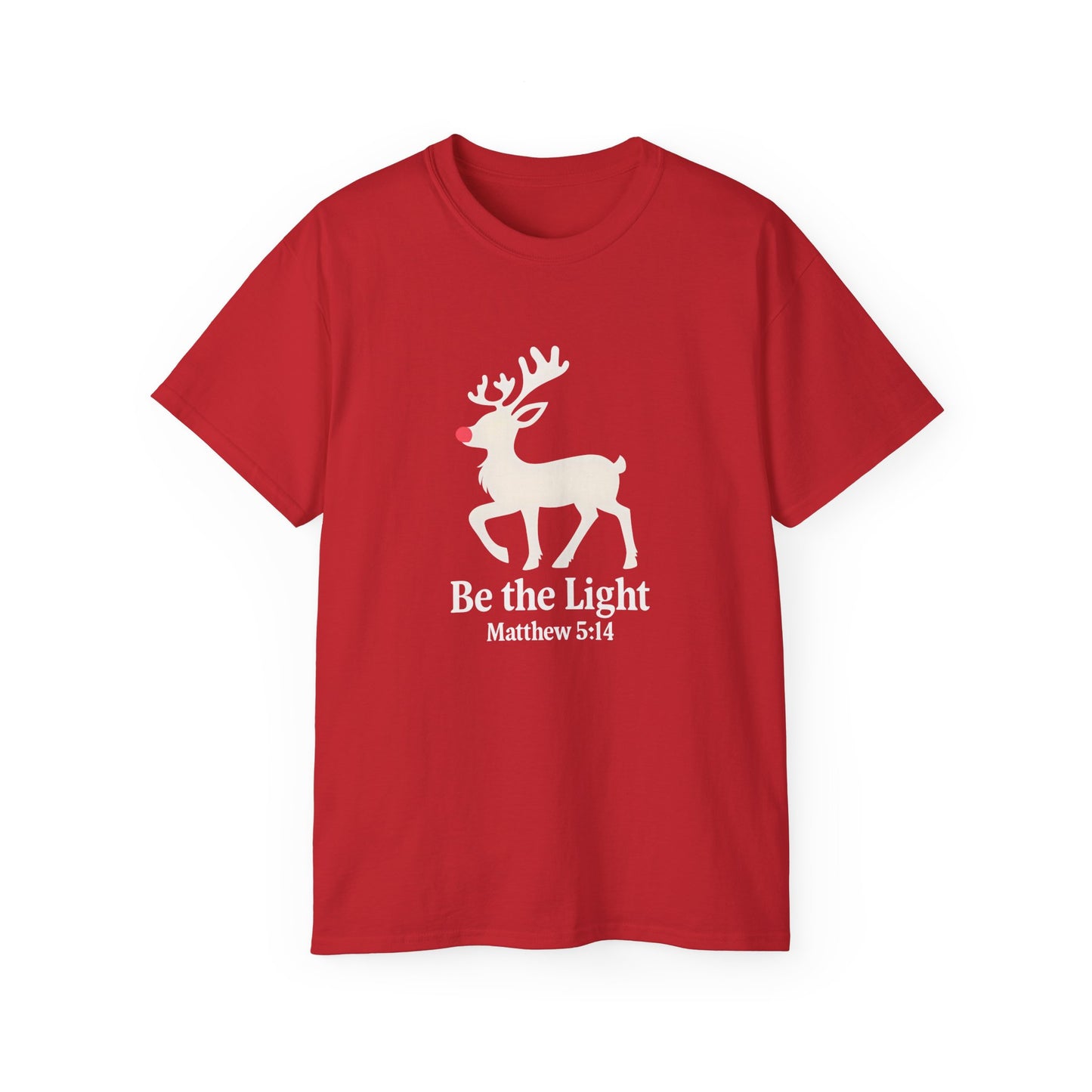 Be the Light Christmas Tee — Reindeer with Matthew 5:14 Holiday T-Shirt