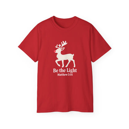 Be the Light Christmas Tee — Reindeer with Matthew 5:14 Holiday T-Shirt