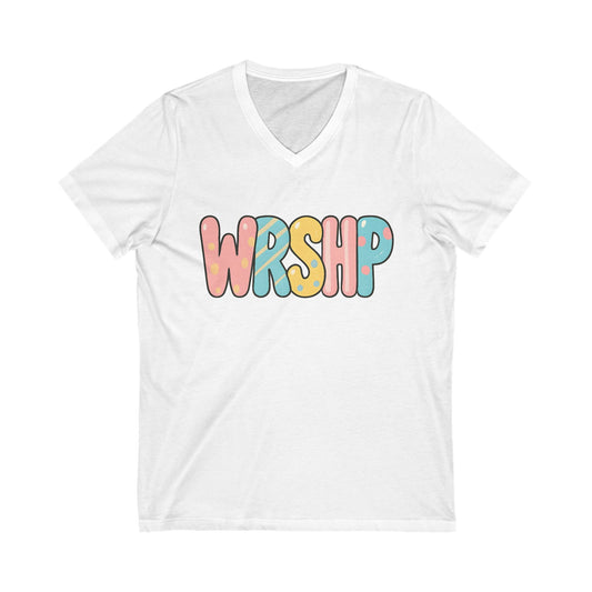 Colorful WRSHIP Unisex V-Neck Tee, Fun Graphic Shirt, Relaxed Fit T-Shirt, Casual Wear, Gift for Friends, Summer Wardrobe