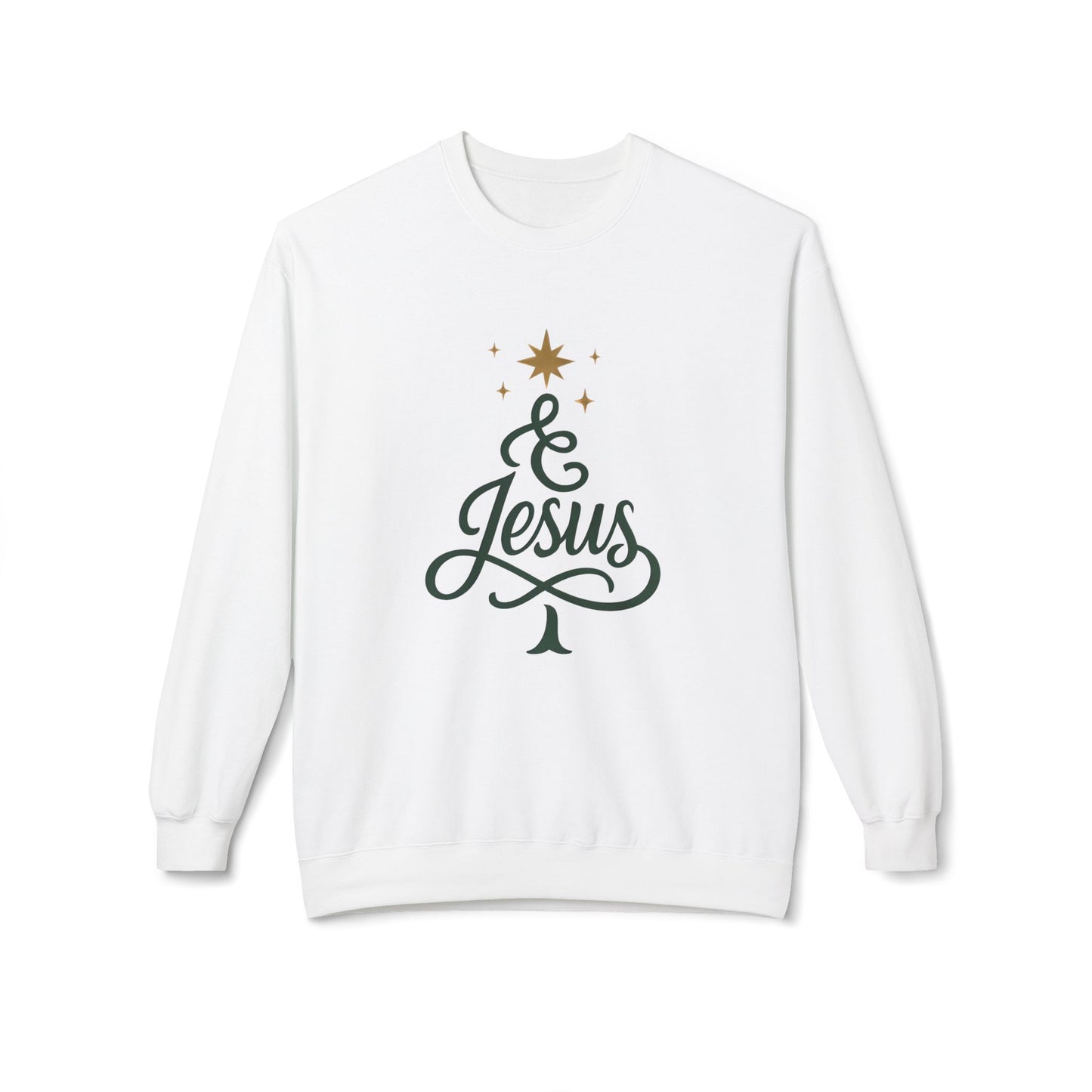 Christian Crewneck Sweatshirt — "& Jesus" Script Christmas Tree Design