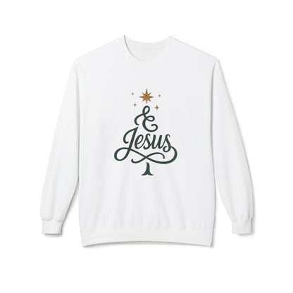 Christian Crewneck Sweatshirt — "& Jesus" Script Christmas Tree Design
