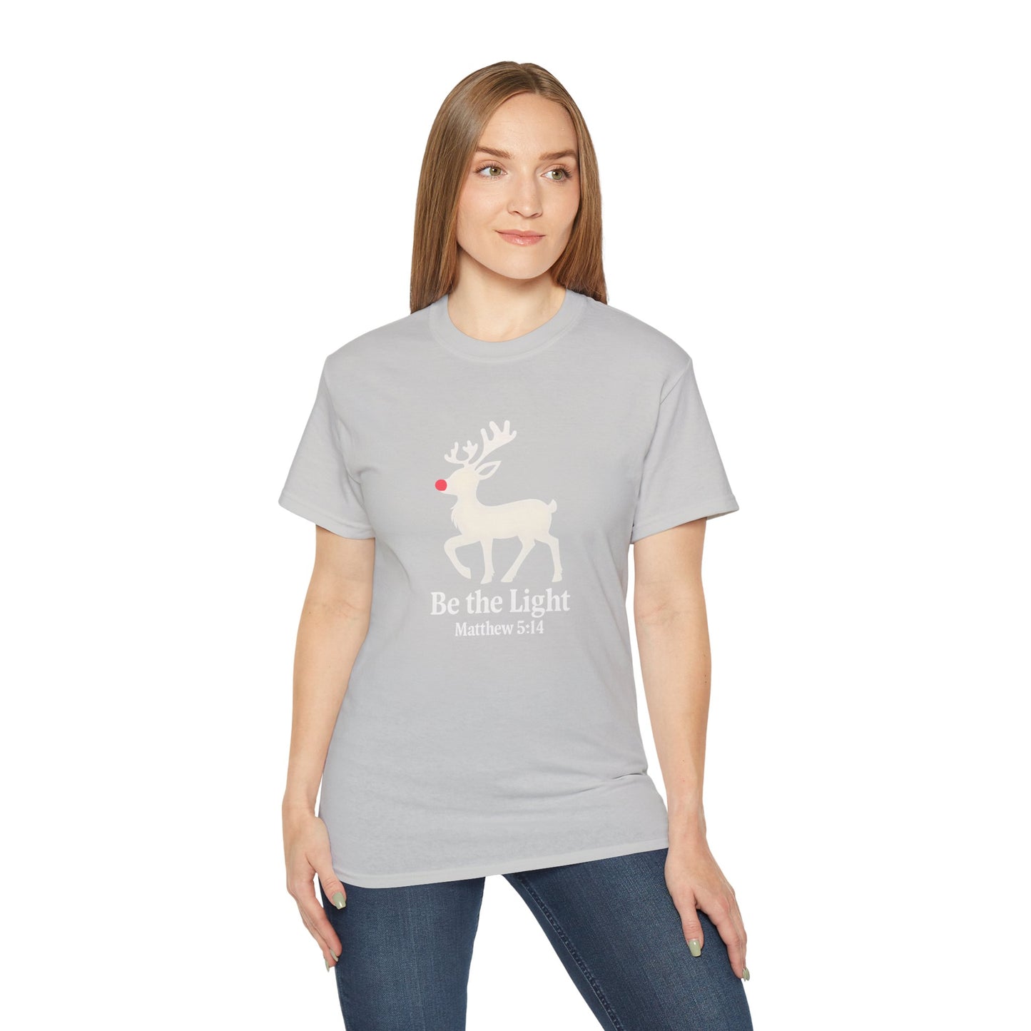 Be the Light Christmas Tee — Reindeer with Matthew 5:14 Holiday T-Shirt