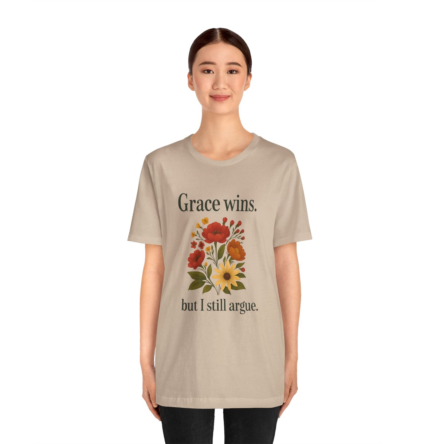 Floral Quote Tee, Grace Wins Short Sleeve T-Shirt, Unisex Graphic Tee, Gift for Friends, Casual Wear, Everyday Comfort