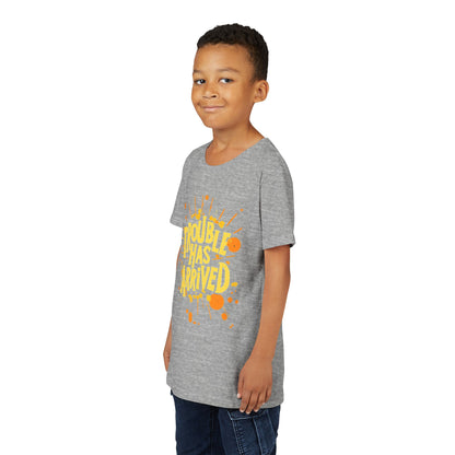 Youth Tee: "Trouble Has Arrived" - Fun, Playful Shirt for Kids, Perfect for Birthdays, Parties, Summer, Everyday Wear, Gift Ideas