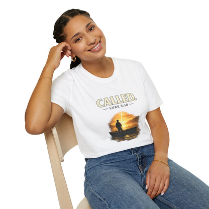 Called Luke 5:10 Fishing Christian T-Shirt — Sunset Silhouette Faith Tee