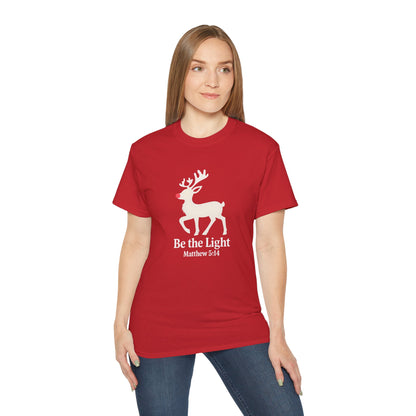 Be the Light Christmas Tee — Reindeer with Matthew 5:14 Holiday T-Shirt
