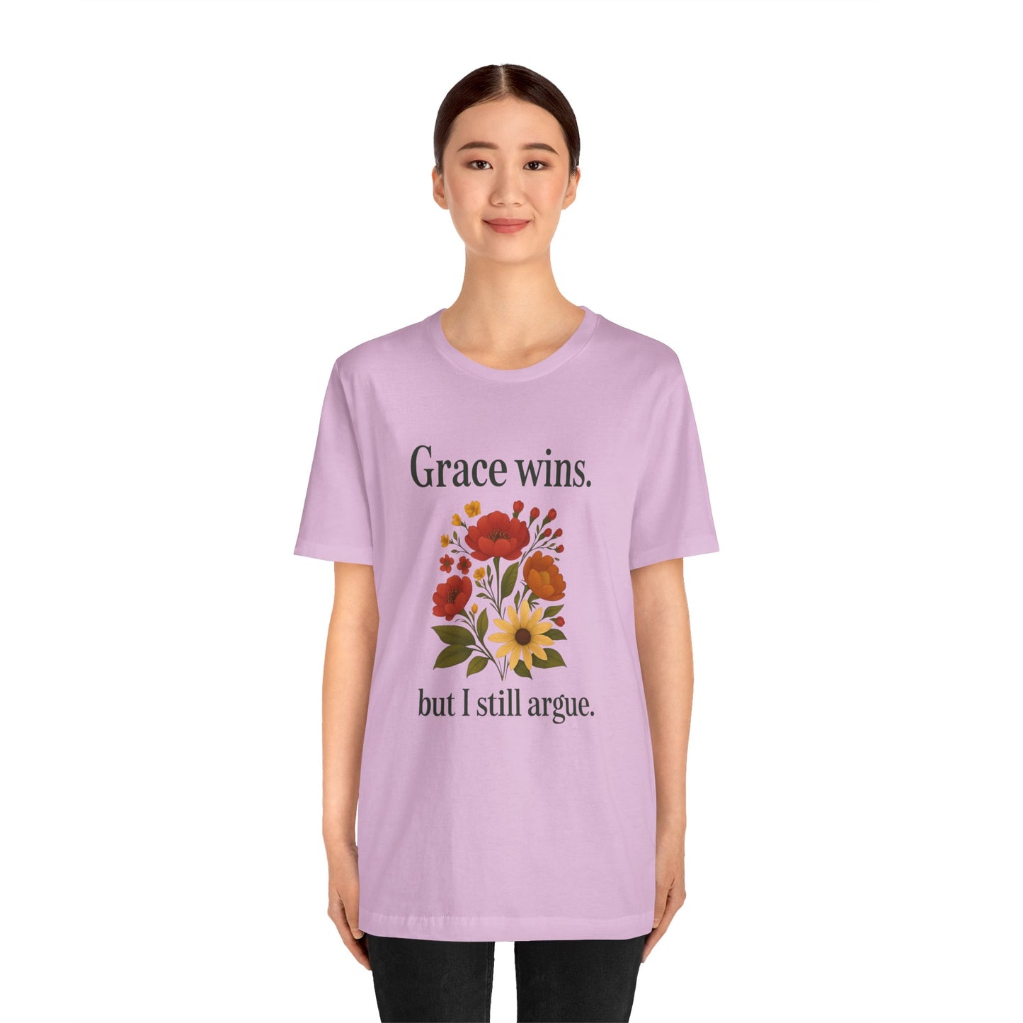 Floral Quote Tee, Grace Wins Short Sleeve T-Shirt, Unisex Graphic Tee, Gift for Friends, Casual Wear, Everyday Comfort