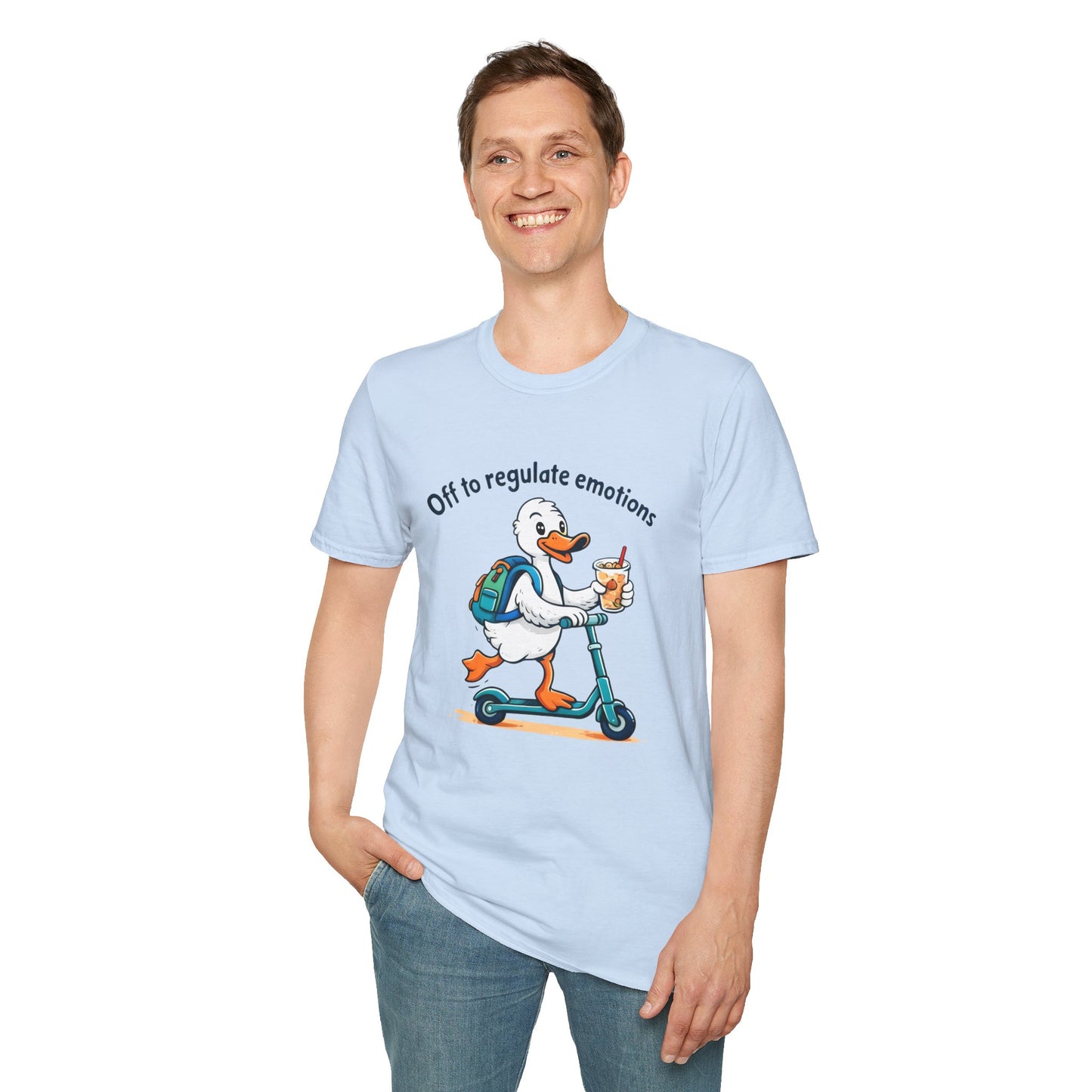 Duck on Scooter T-Shirt — "Off to regulate emotions" Cute Mental Health Tee