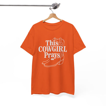 This Cowgirl Prays Unisex Heavy Cotton Tee, Western T-Shirt, Gift for Cowgirls, Rodeo Apparel, Faith-Based Fashion, Country Style Top