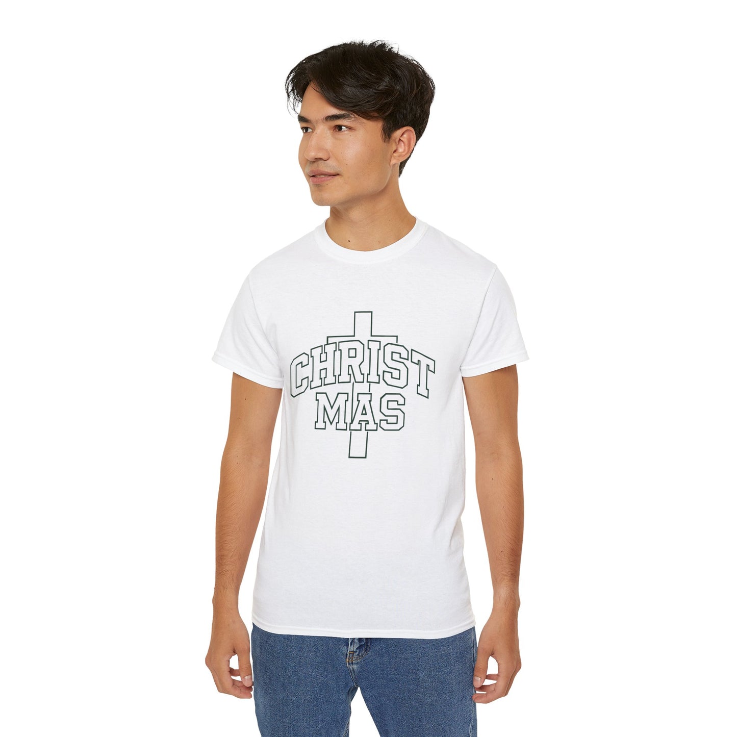 Christmas Cross T‑Shirt — 'CHRISTMAS' Outline Graphic Tee