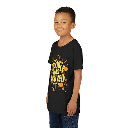 Youth Tee: "Trouble Has Arrived" - Fun, Playful Shirt for Kids, Perfect for Birthdays, Parties, Summer, Everyday Wear, Gift Ideas