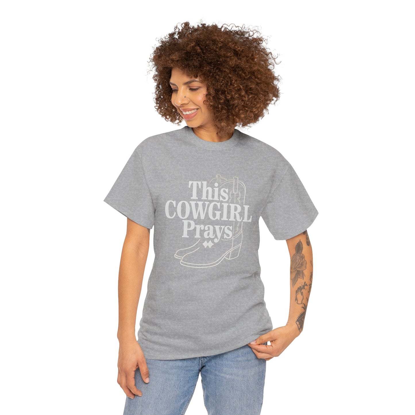 This Cowgirl Prays Unisex Heavy Cotton Tee, Western T-Shirt, Gift for Cowgirls, Rodeo Apparel, Faith-Based Fashion, Country Style Top
