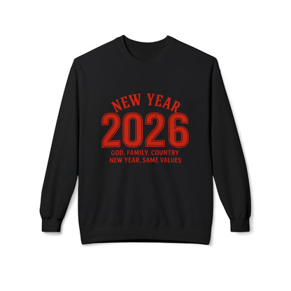 2026 New Year Crewneck Sweatshirt — "God, Family, Country" Holiday Pullover