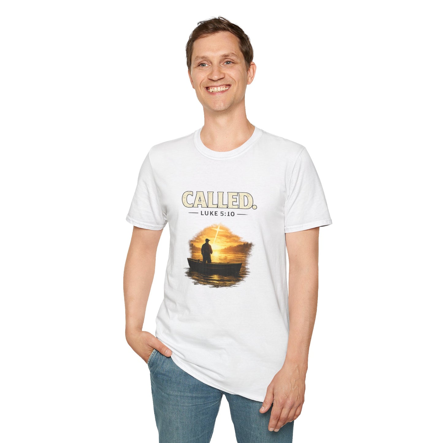 Called Luke 5:10 Fishing Christian T-Shirt — Sunset Silhouette Faith Tee
