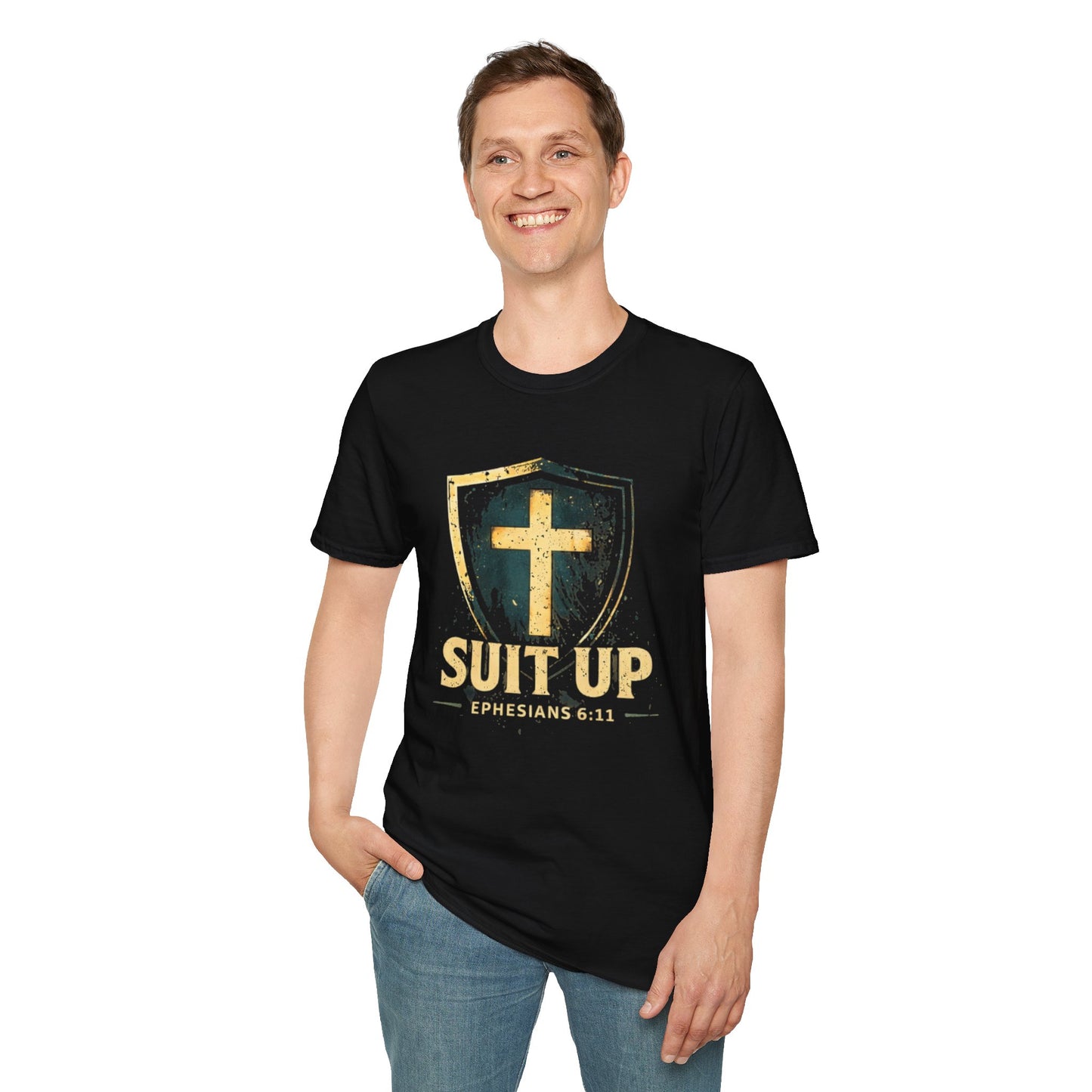 Suit Up T‑Shirt — Christian Cross Shield Tee (Ephesians 6:11)