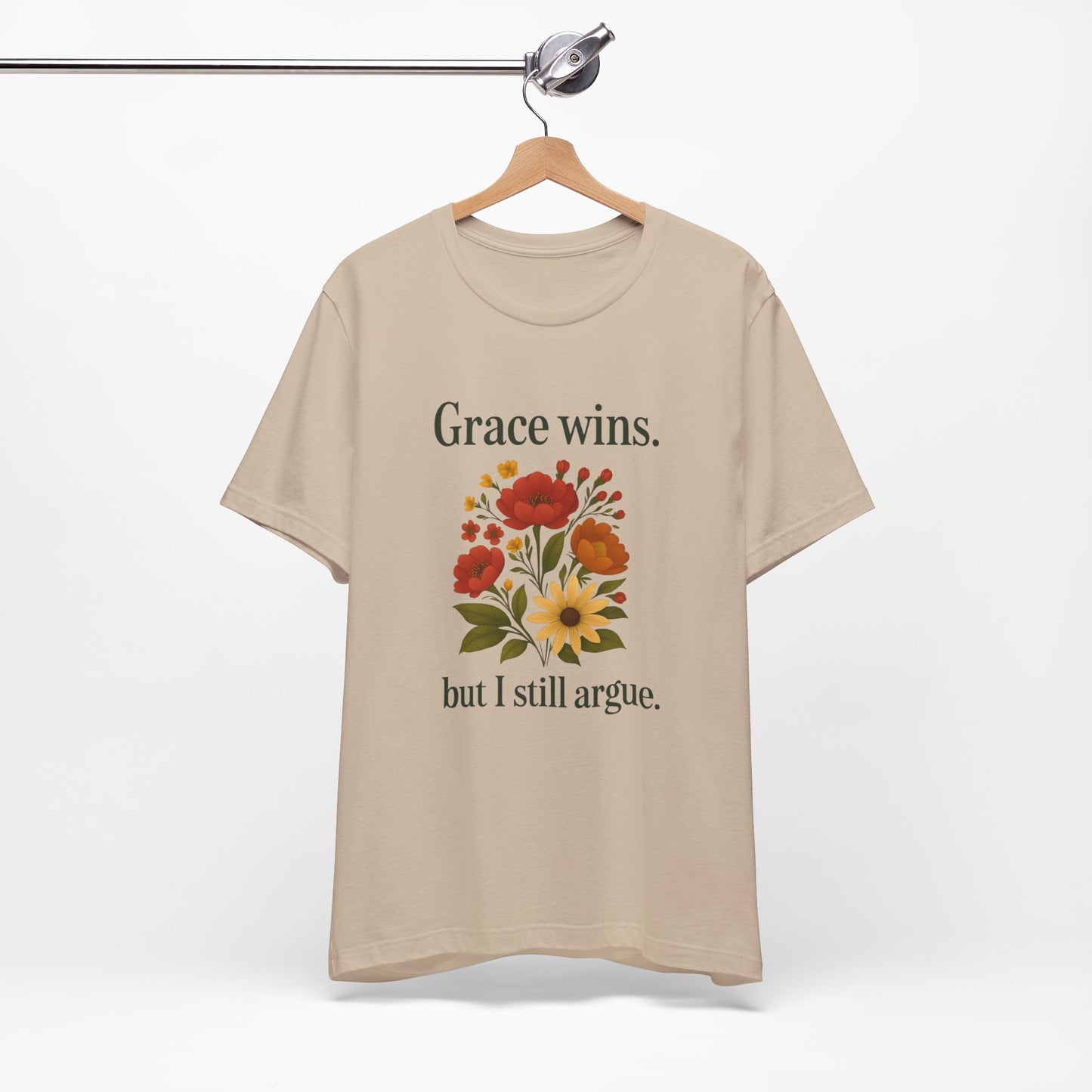 Floral Quote Tee, Grace Wins Short Sleeve T-Shirt, Unisex Graphic Tee, Gift for Friends, Casual Wear, Everyday Comfort