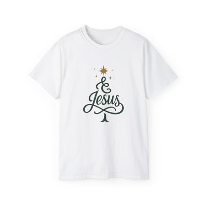 Christmas & Jesus T‑Shirt — Faith Holiday Tee with Star Tree Design