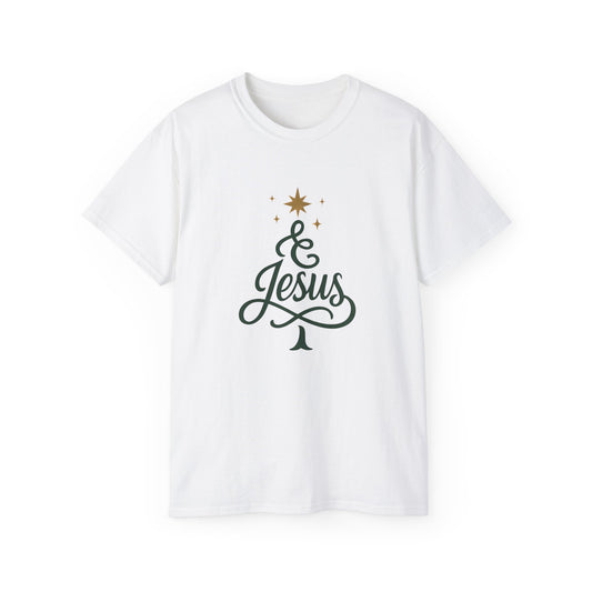 Christmas & Jesus T‑Shirt — Faith Holiday Tee with Star Tree Design