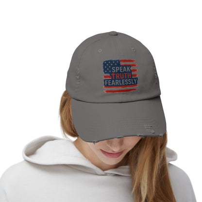 Unisex Distressed Cap with 'Speak Truth Fearlessly' Design, Casual Hat, American Flag Cap, Patriotic Gift, Everyday Wear
