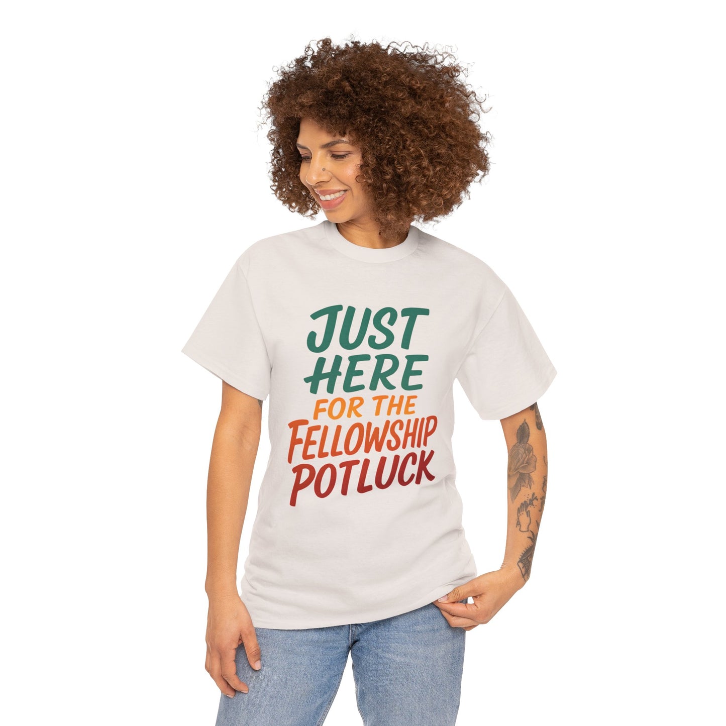Just Here for the Fellowship Potluck Tee, Unisex Cotton T-Shirt, Fun Gathering Shirt, Party Tees, Casual Event Wear, Gifts for Friends