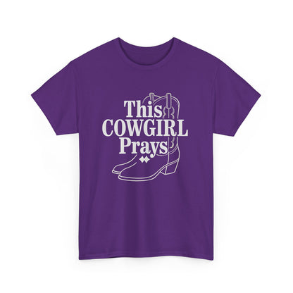 This Cowgirl Prays Unisex Heavy Cotton Tee, Western T-Shirt, Gift for Cowgirls, Rodeo Apparel, Faith-Based Fashion, Country Style Top