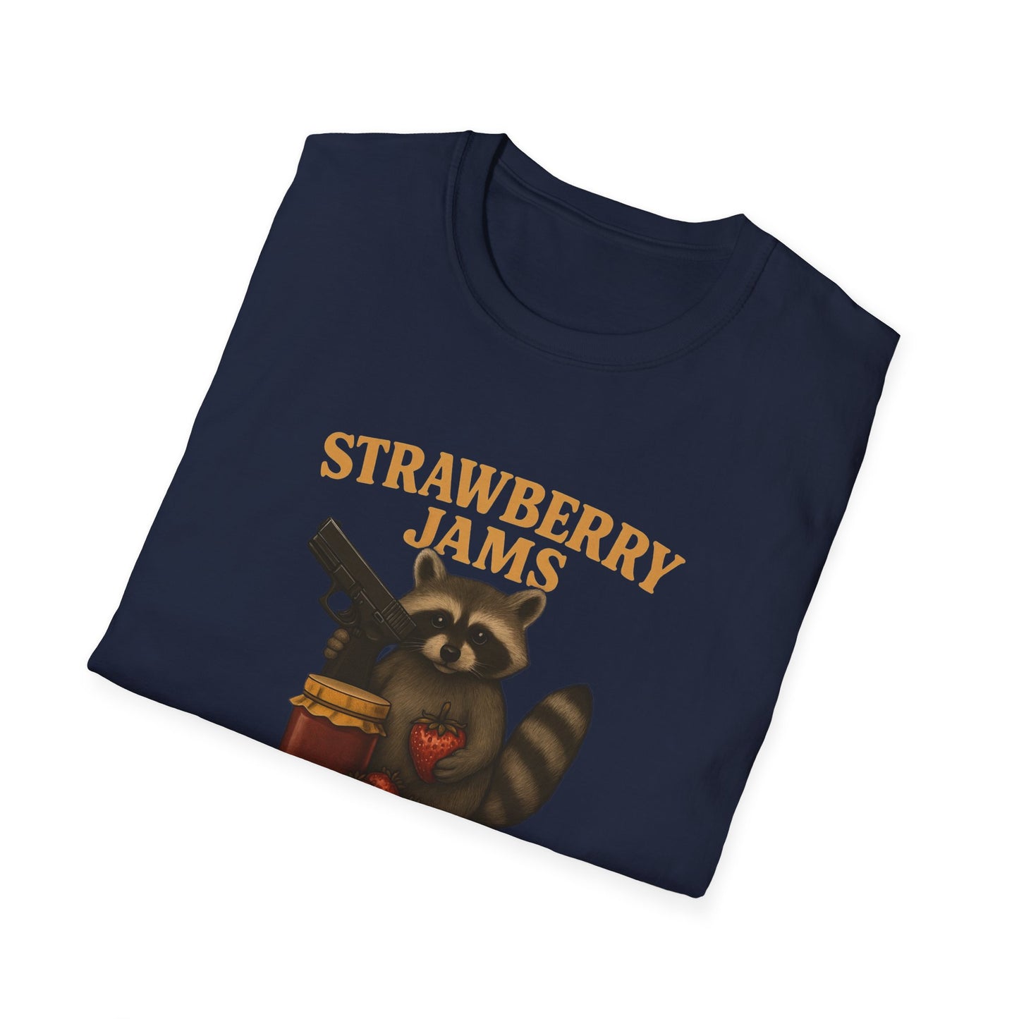 Strawberry Jams But My Glock Don’t T-Shirt — Raccoon Graphic Gun Humor Tee
