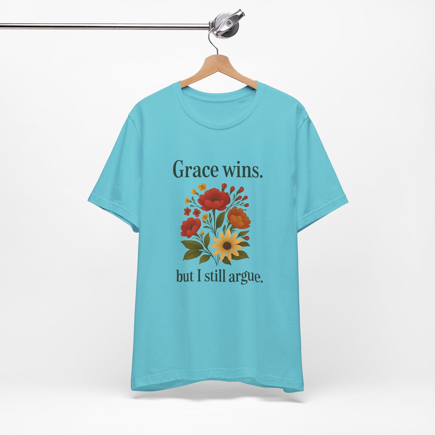 Floral Quote Tee, Grace Wins Short Sleeve T-Shirt, Unisex Graphic Tee, Gift for Friends, Casual Wear, Everyday Comfort
