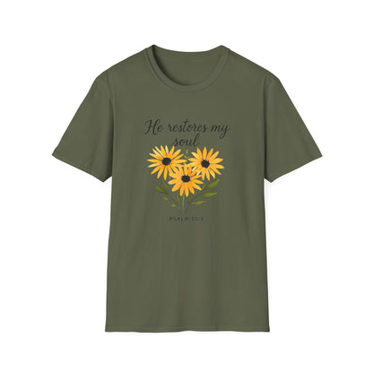 Floral Inspirational T-Shirt - He Restores My Soul, Thoughtful Gift for Comfort, Faith Apparel, Religious Wear, Everyday Inspiration