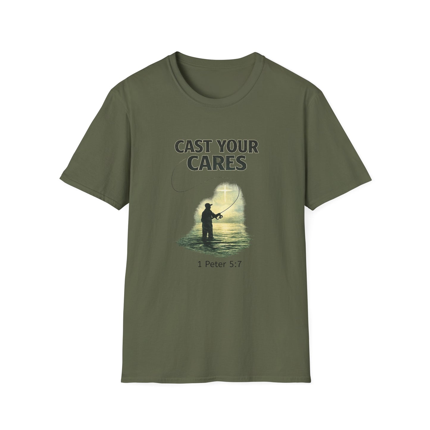 Cast Your Cares T-Shirt – Fishing Christian Graphic (1 Peter 5:7)