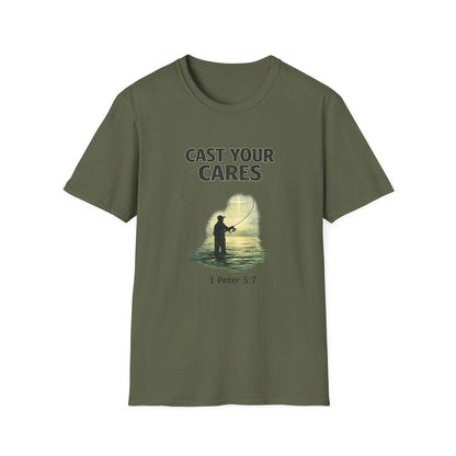 Cast Your Cares T-Shirt – Fishing Christian Graphic (1 Peter 5:7)