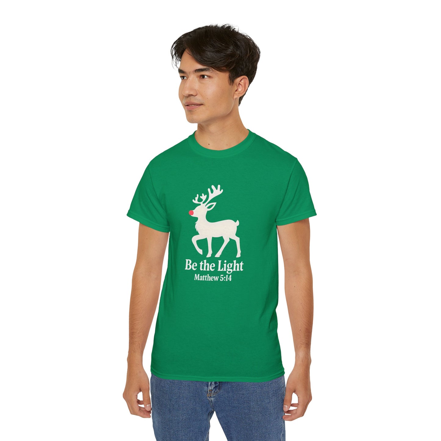 Be the Light Christmas Tee — Reindeer with Matthew 5:14 Holiday T-Shirt