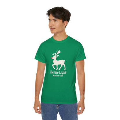 Be the Light Christmas Tee — Reindeer with Matthew 5:14 Holiday T-Shirt