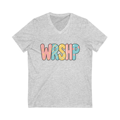 Colorful WRSHIP Unisex V-Neck Tee, Fun Graphic Shirt, Relaxed Fit T-Shirt, Casual Wear, Gift for Friends, Summer Wardrobe