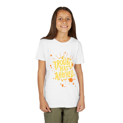 Youth Tee: "Trouble Has Arrived" - Fun, Playful Shirt for Kids, Perfect for Birthdays, Parties, Summer, Everyday Wear, Gift Ideas