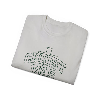 Christmas Cross T‑Shirt — 'CHRISTMAS' Outline Graphic Tee