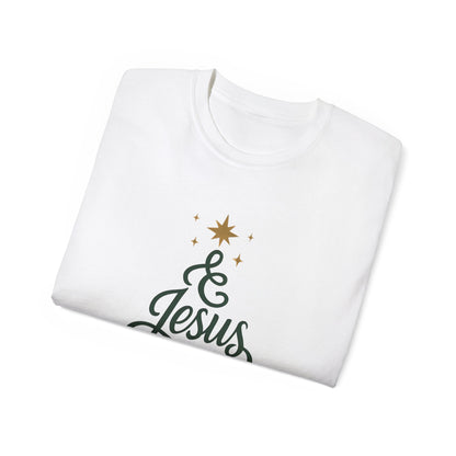 Christmas & Jesus T‑Shirt — Faith Holiday Tee with Star Tree Design