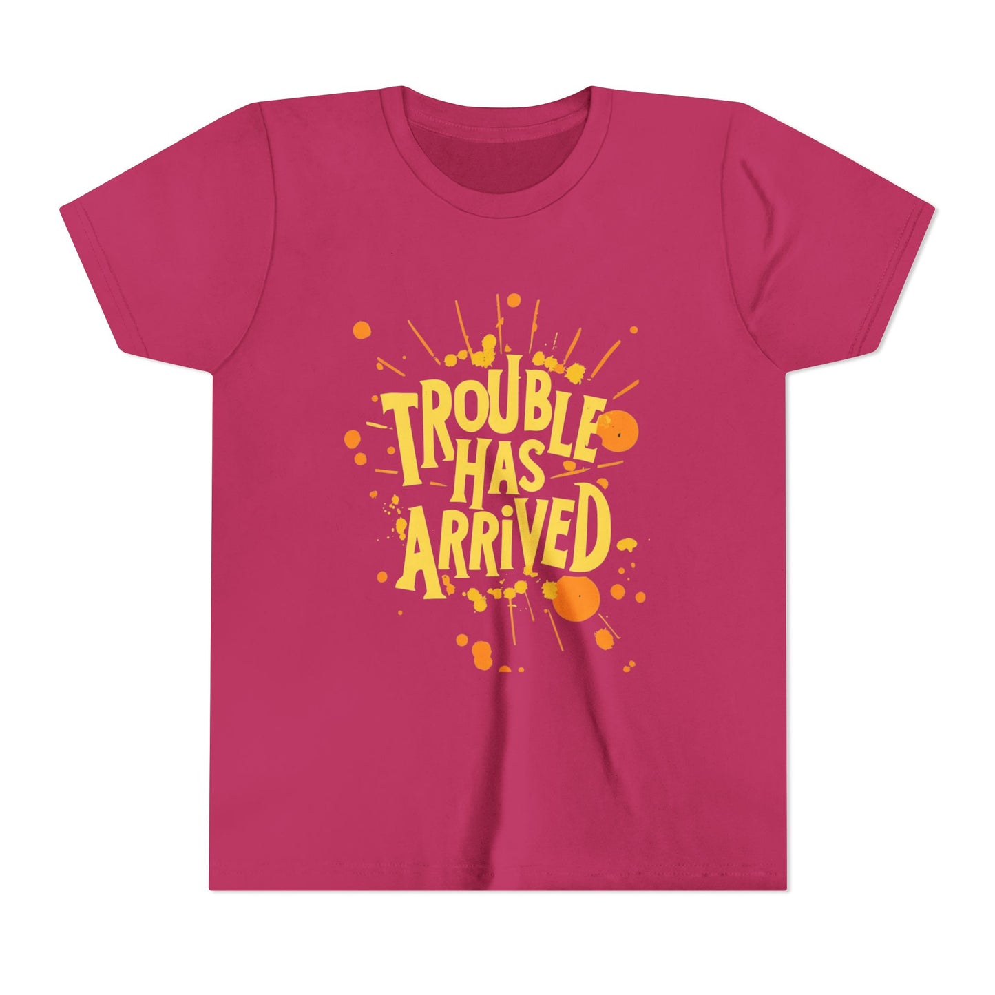 Youth Tee: "Trouble Has Arrived" - Fun, Playful Shirt for Kids, Perfect for Birthdays, Parties, Summer, Everyday Wear, Gift Ideas