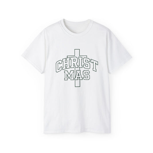 Christmas Cross T‑Shirt — 'CHRISTMAS' Outline Graphic Tee