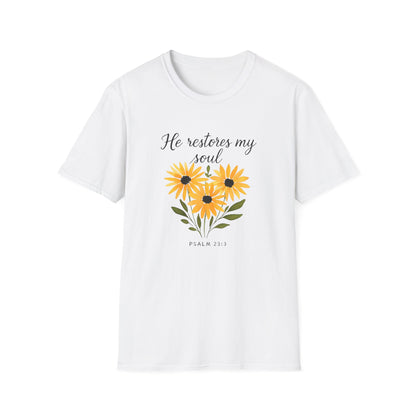 Floral Inspirational T-Shirt - He Restores My Soul, Thoughtful Gift for Comfort, Faith Apparel, Religious Wear, Everyday Inspiration