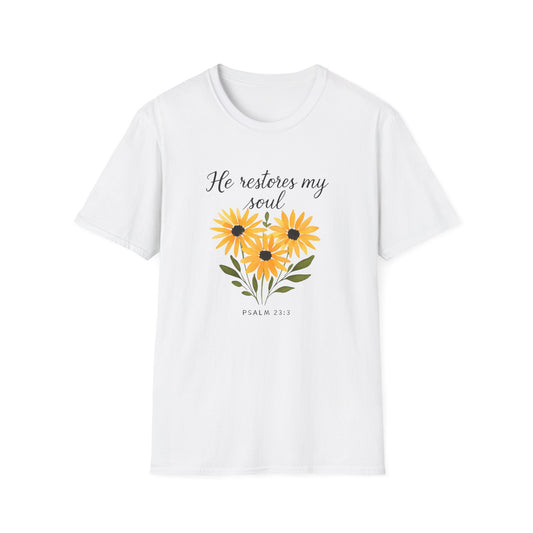 Floral Inspirational T-Shirt - He Restores My Soul, Thoughtful Gift for Comfort, Faith Apparel, Religious Wear, Everyday Inspiration