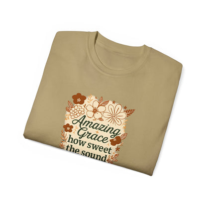 Amazing Grace Floral Unisex Ultra Cotton Tee, Vintage T-Shirt, Gift for Music Lovers, Spiritual Apparel, Heartwarming Quote Tee