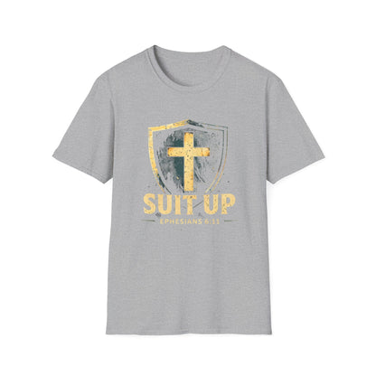 Suit Up T‑Shirt — Christian Cross Shield Tee (Ephesians 6:11)