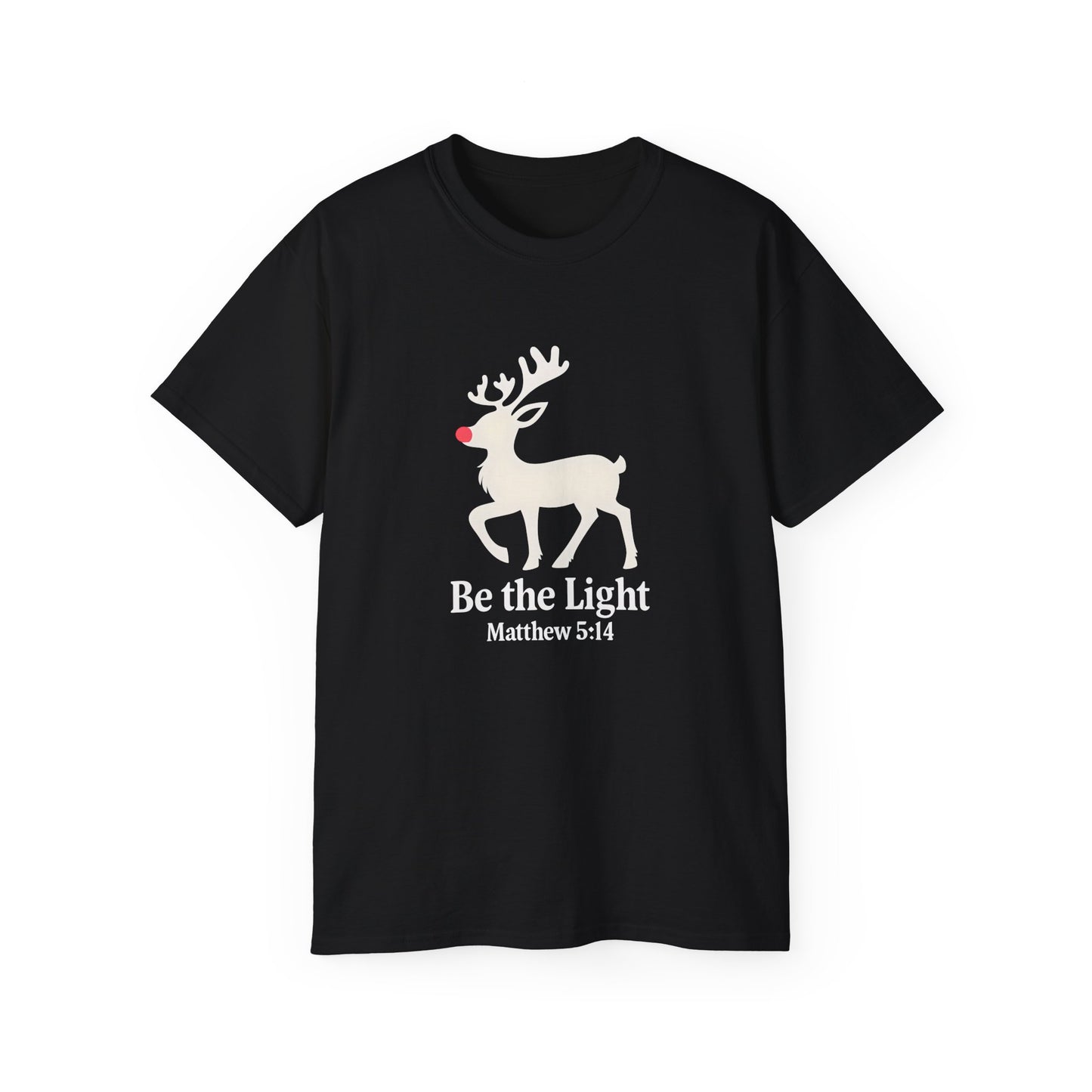 Be the Light Christmas Tee — Reindeer with Matthew 5:14 Holiday T-Shirt