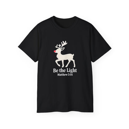 Be the Light Christmas Tee — Reindeer with Matthew 5:14 Holiday T-Shirt