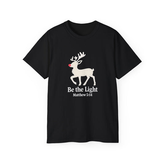 Be the Light Christmas Tee — Reindeer with Matthew 5:14 Holiday T-Shirt