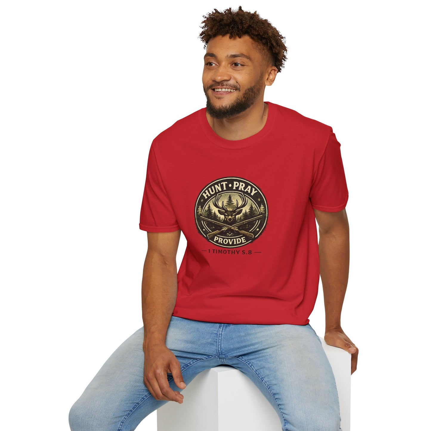 Hunt Pray Provide T‑Shirt — 1 Timothy 5:8 Hunting Faith Tee