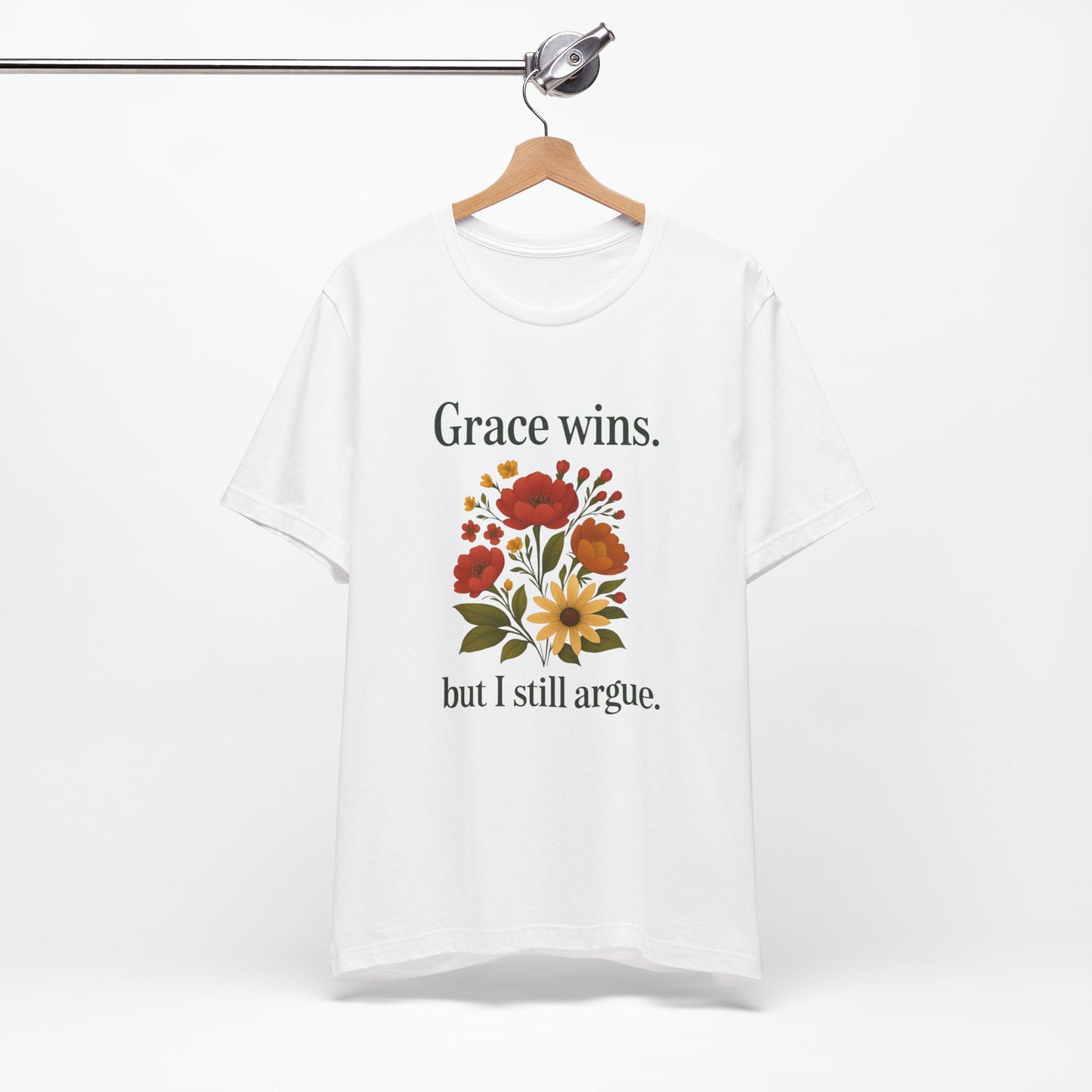 Floral Quote Tee, Grace Wins Short Sleeve T-Shirt, Unisex Graphic Tee, Gift for Friends, Casual Wear, Everyday Comfort