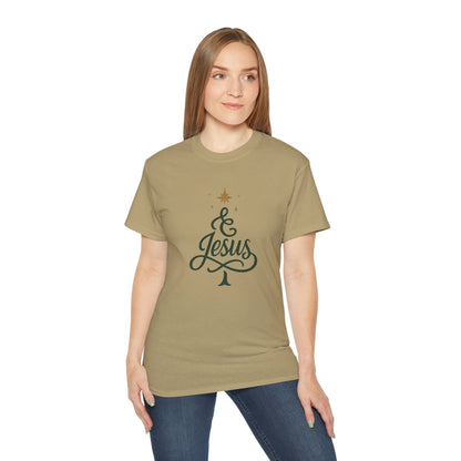 Christmas & Jesus T‑Shirt — Faith Holiday Tee with Star Tree Design